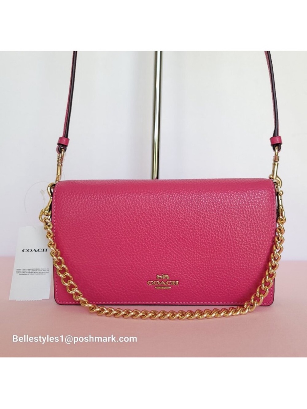 COACH Anna Pebbled Leather Fold-over Clutch Crossbody With Chain- Bold Pink ⭐